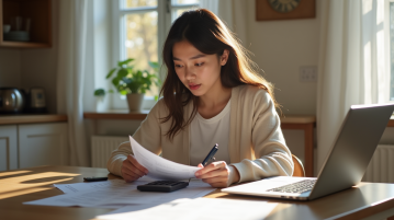 Jeune femme vérifiant ses factures et contrats à la maison