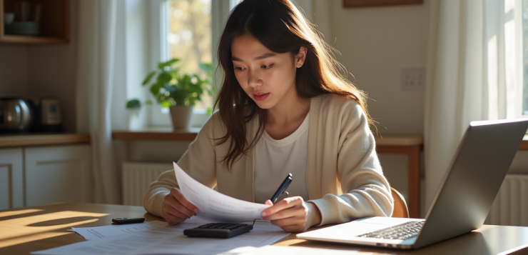Jeune femme vérifiant ses factures et contrats à la maison
