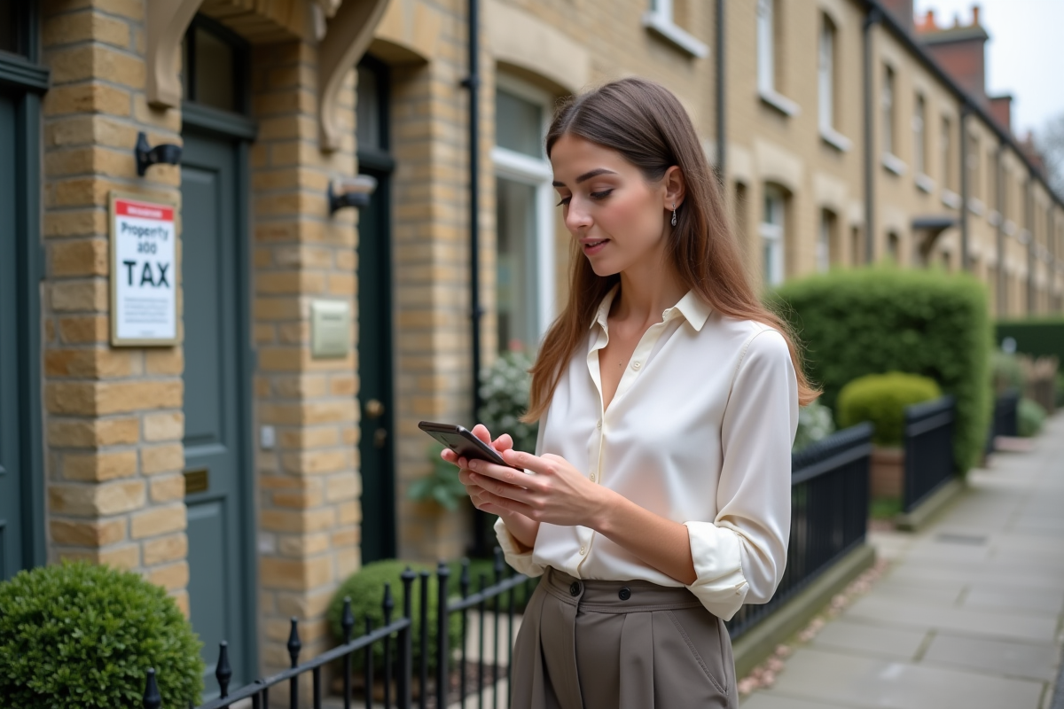 Jeune femme consulte son smartphone devant maisons européennes