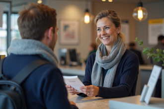 Femme souriante remettant son livret d'épargne à un guichet