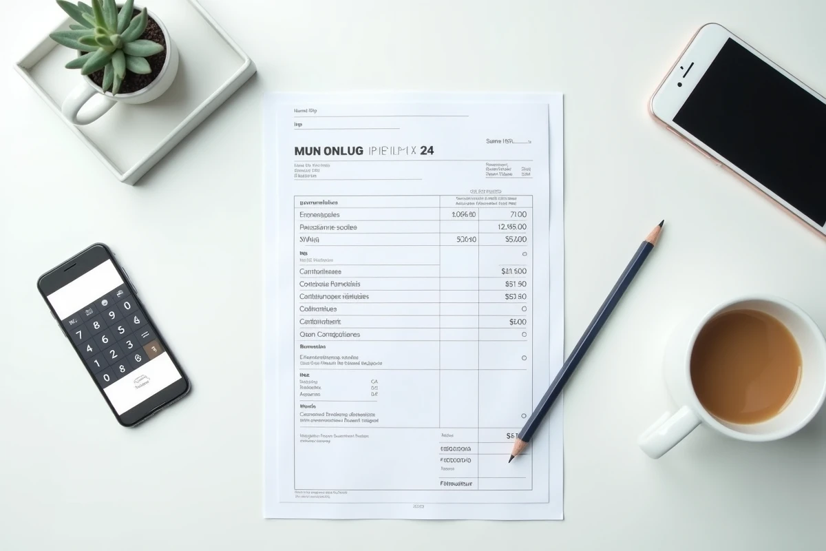 Vue aérienne d'une fiche de paie luxembourgeoise avec calculatrice et annotations de salaire net