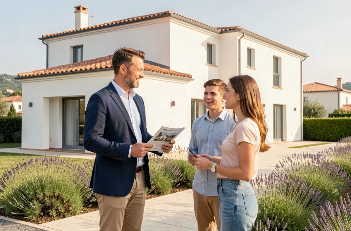 Courtier immobilier de Fipimmo discutant d'assurance avec un couple devant une villa à Castelnau-le-Lez