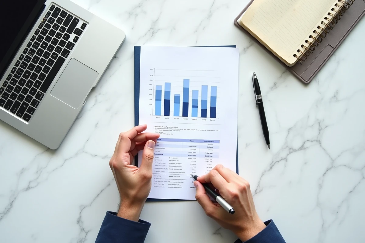Mains d'un investisseur annotant des documents fiscaux liés à la fiscalité des gains crypto Bitcoin