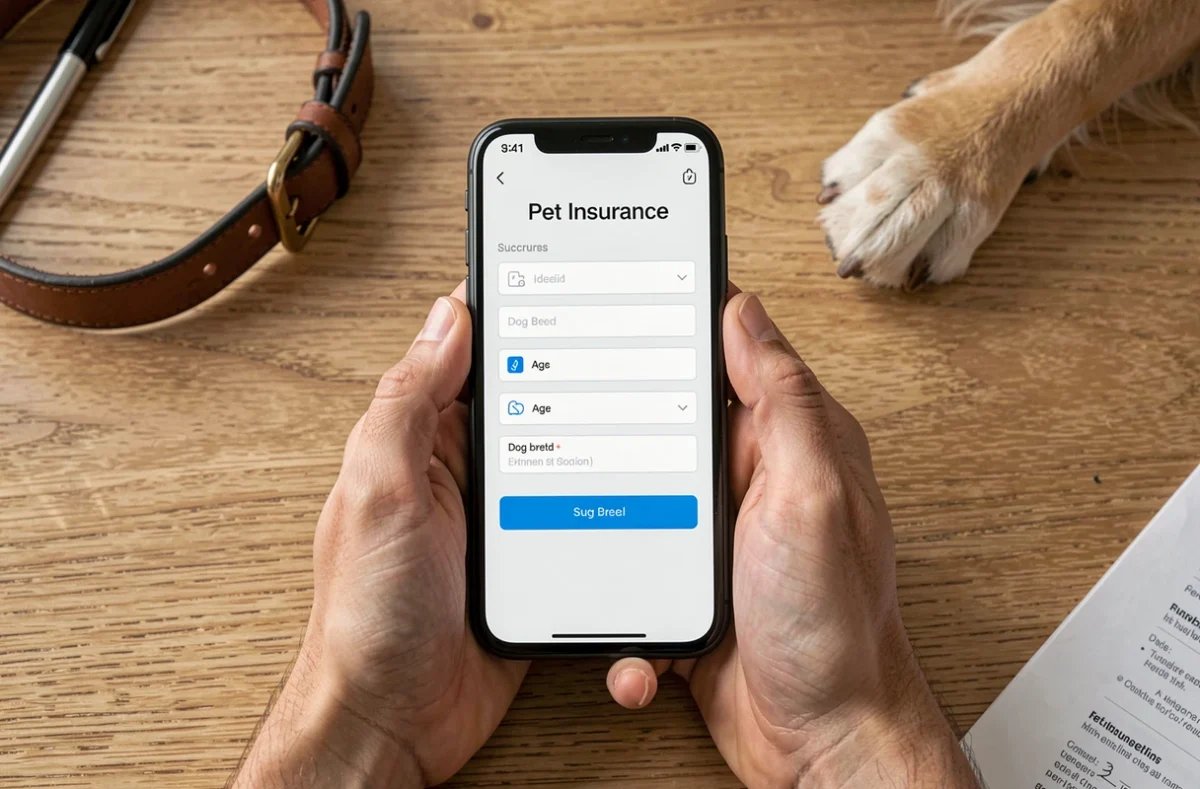 Mains tenant un smartphone affichant un formulaire de souscription d'assurance chien en ligne avec une patte de chien sur le bureau