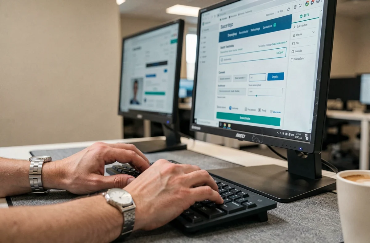 Mains d'un investisseur remplissant un formulaire de souscription SCPI en ligne