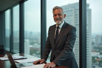 Homme d'affaires prospère en costume gris dans un bureau moderne symbolisant une grande fortune estimée en 2026