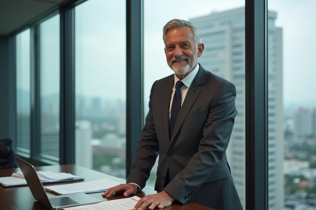 Homme d'affaires prospère en costume gris dans un bureau moderne symbolisant une grande fortune estimée en 2026