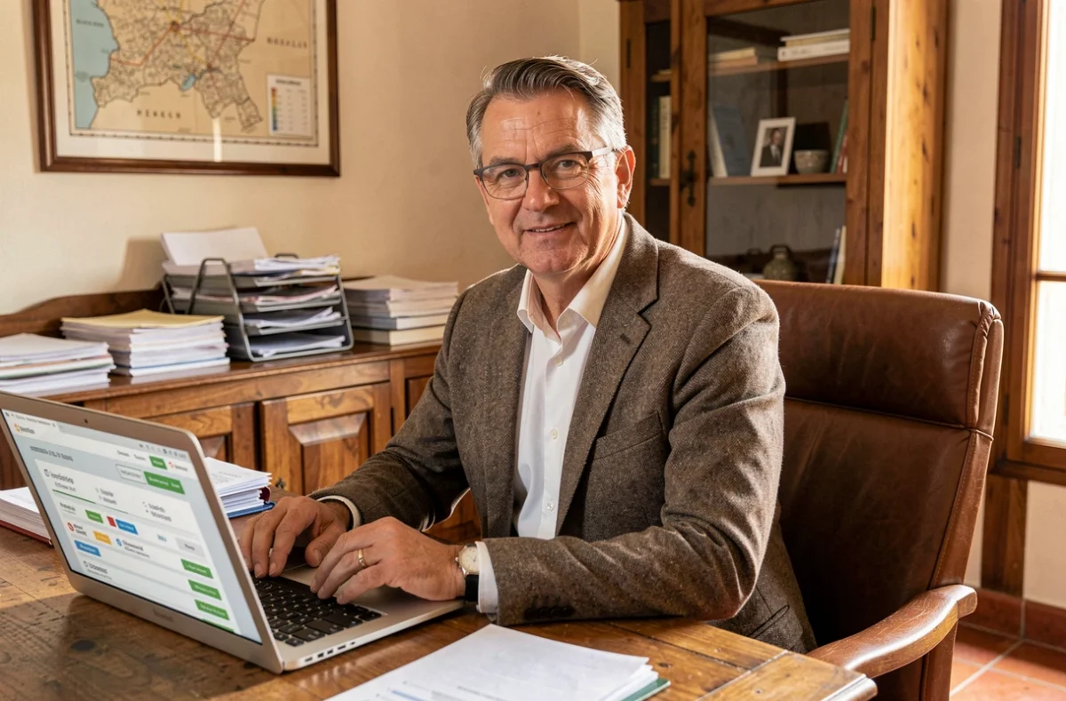 François Courdurier, courtier indépendant en assurance travaillant dans son bureau à Montpellier