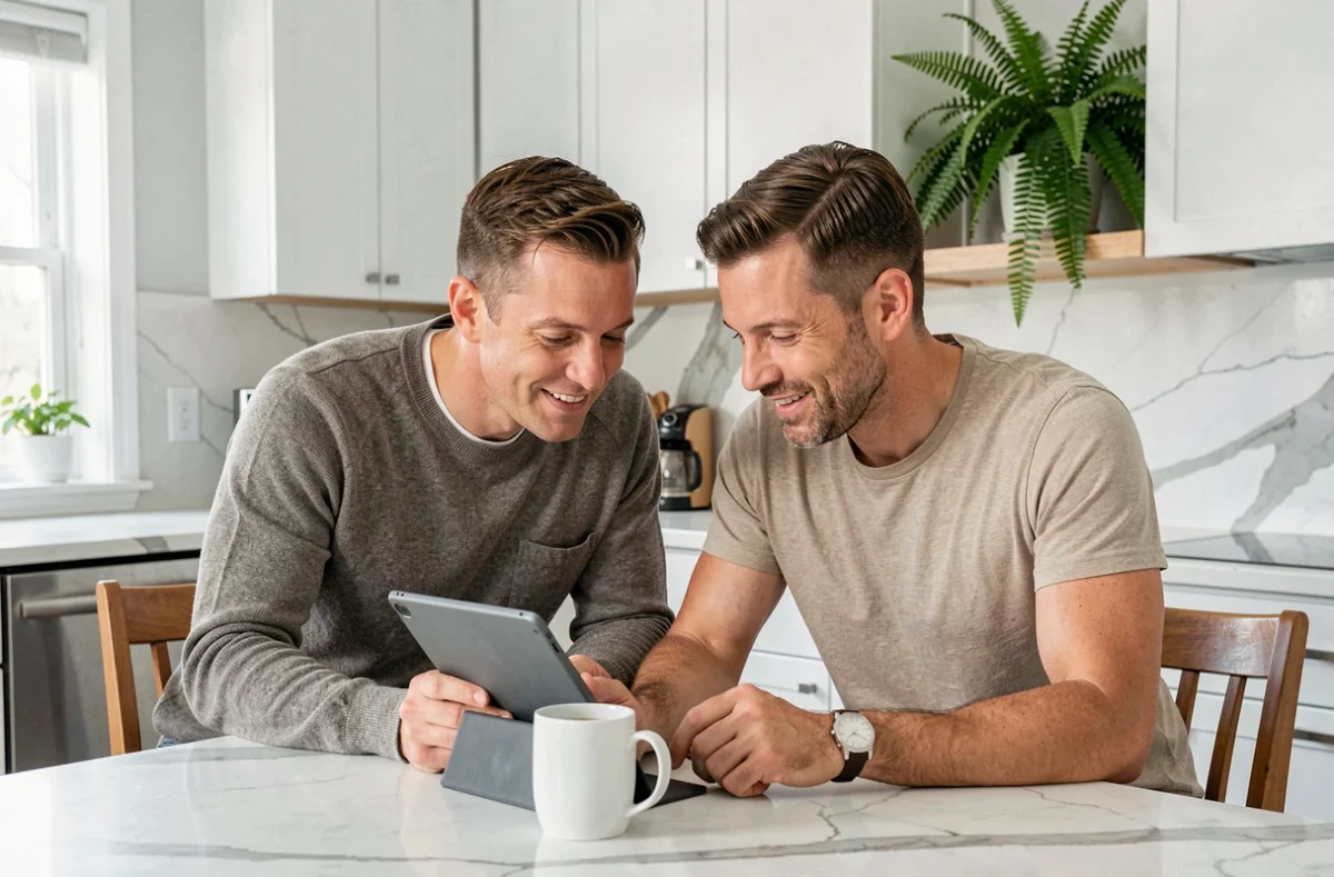 Couple gérant leur compte bancaire CA PCA ensemble sur une tablette dans une cuisine moderne