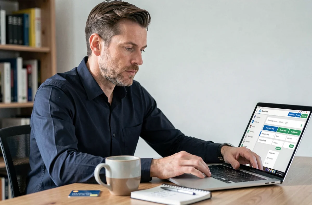 Homme gérant les plafonds et options de son compte CMB Bretagne en ligne depuis son bureau à domicile
