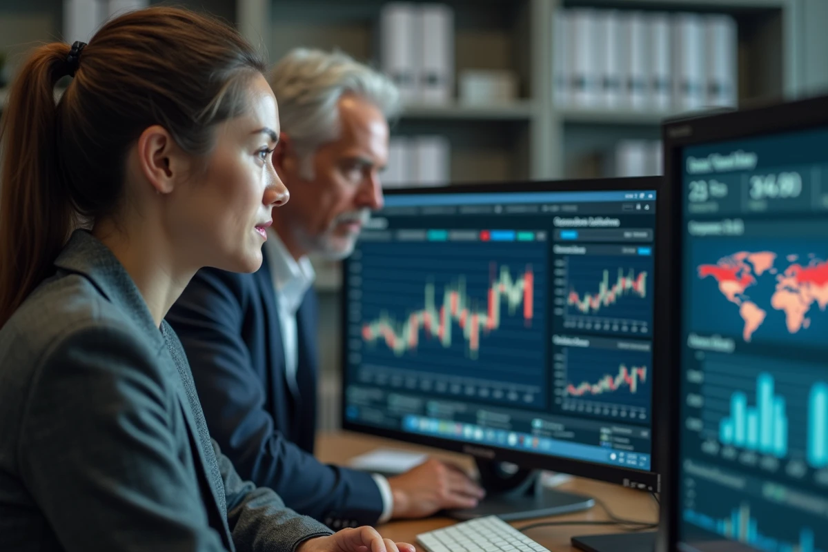 Gestionnaires financiers analysant des tableaux de bord numériques