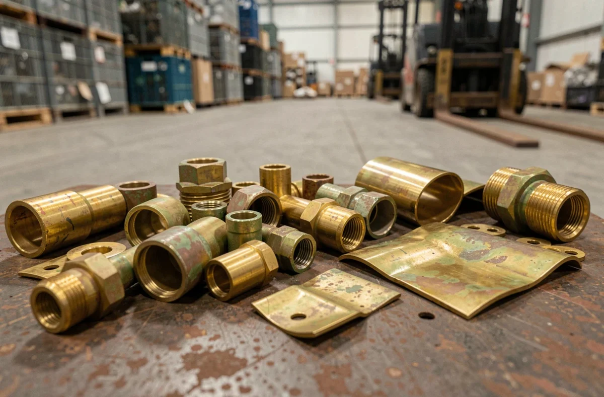 Gros plan sur des débris et raccords en laiton variés posés sur une surface métallique dans un entrepôt industriel de recyclage