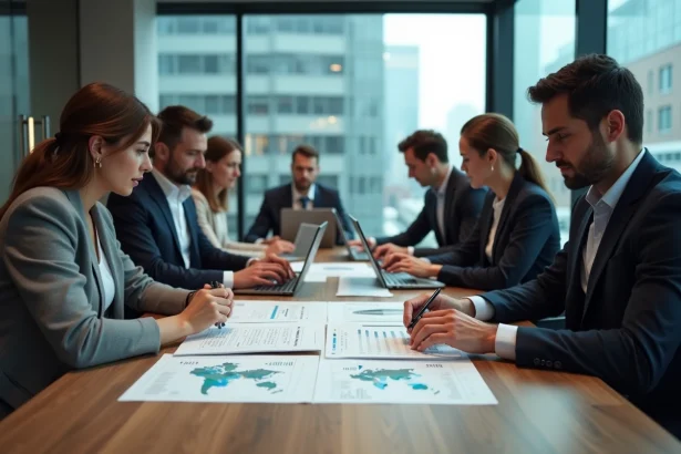 Groupe de professionnels autour d'une table avec graphiques économiques