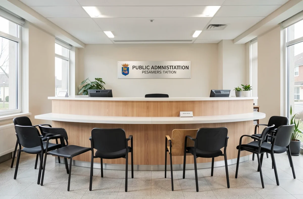 Guichet d'accueil d'une administration avec chaises d'attente