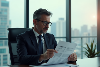 Homme d'affaires en costume regardant un rapport financier
