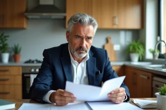 Homme d'affaires en costume bleu examine des papiers dans une cuisine