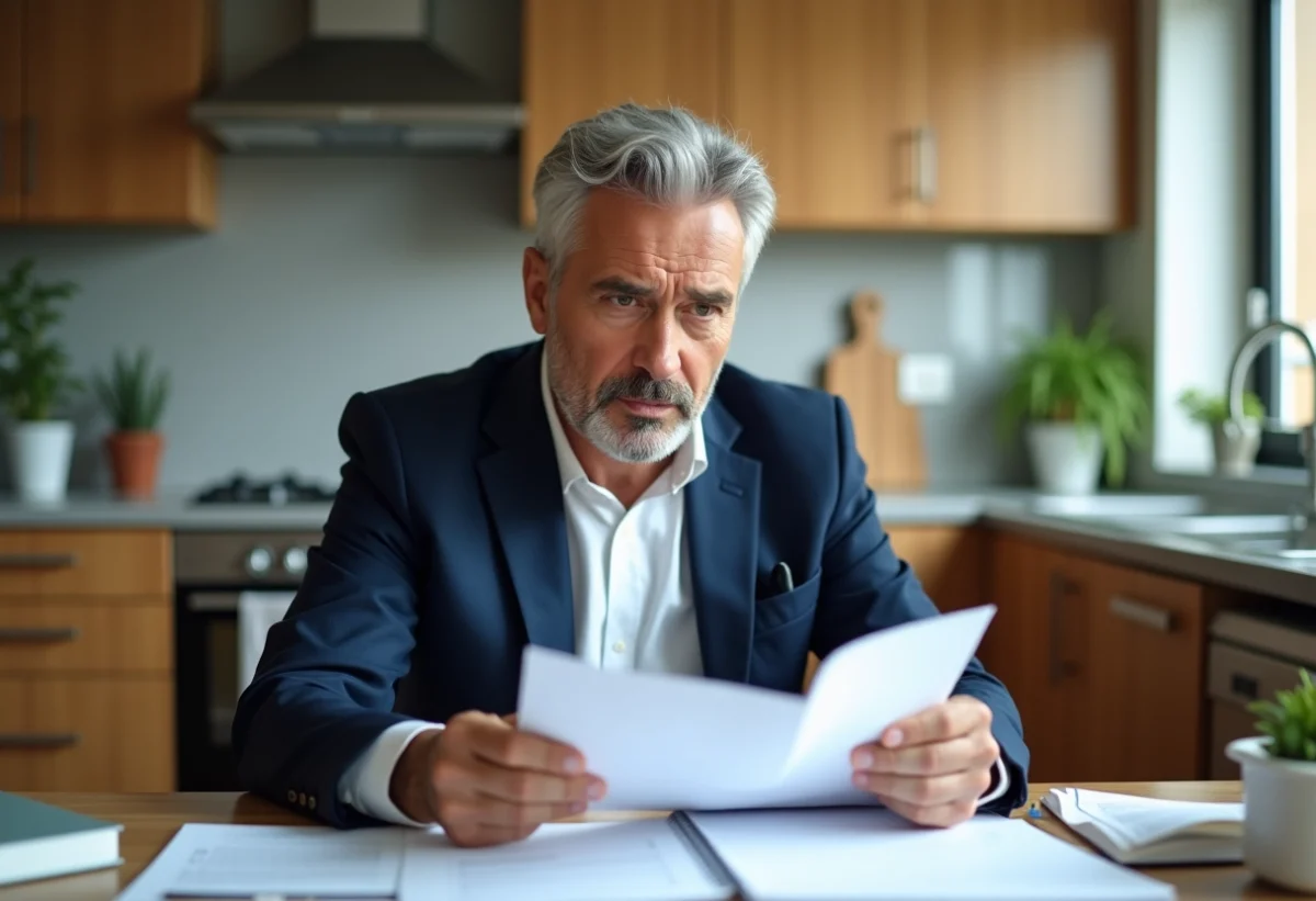 Homme d'affaires en costume bleu examine des papiers dans une cuisine