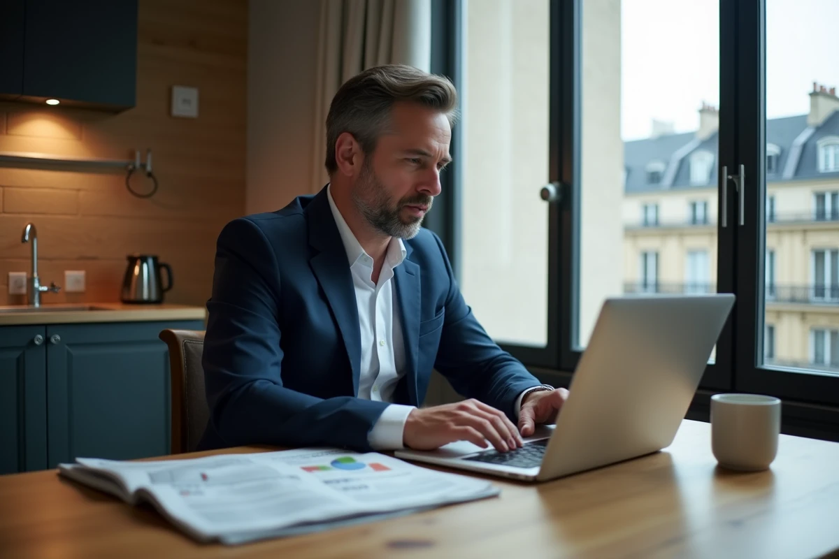 Homme d'affaires en costume dans un appartement parisien