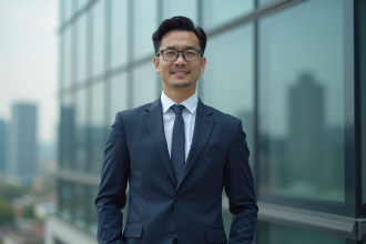 Homme d'affaires en costume dans un environnement urbain moderne