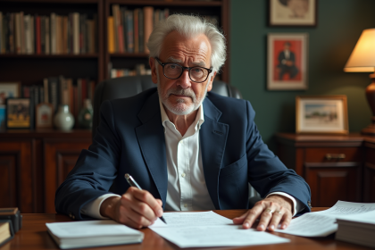 Homme âgé en costume dans un bureau vintage avec notes