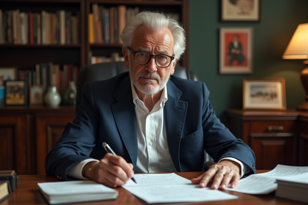 Homme âgé en costume dans un bureau vintage avec notes