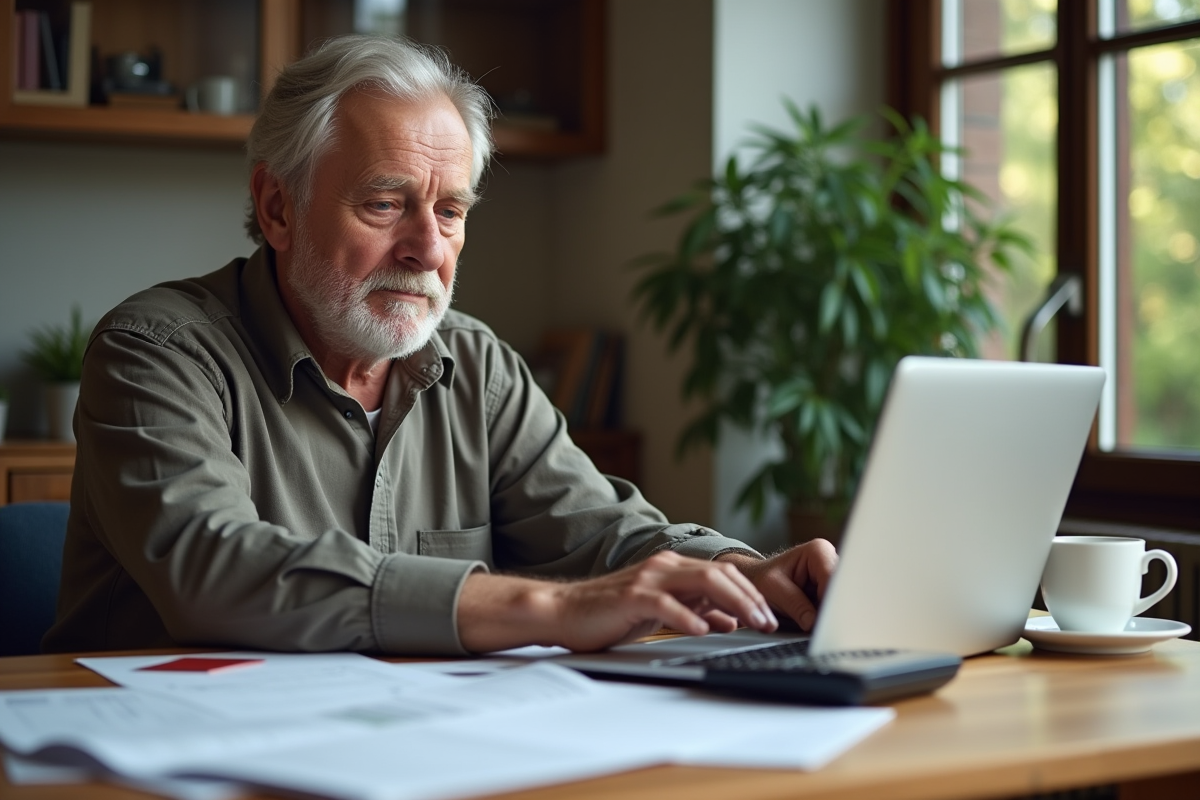 Homme âgé utilisant calculatrice et ordinateur à la maison