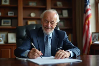 Homme agee en costume dans un bureau élégant