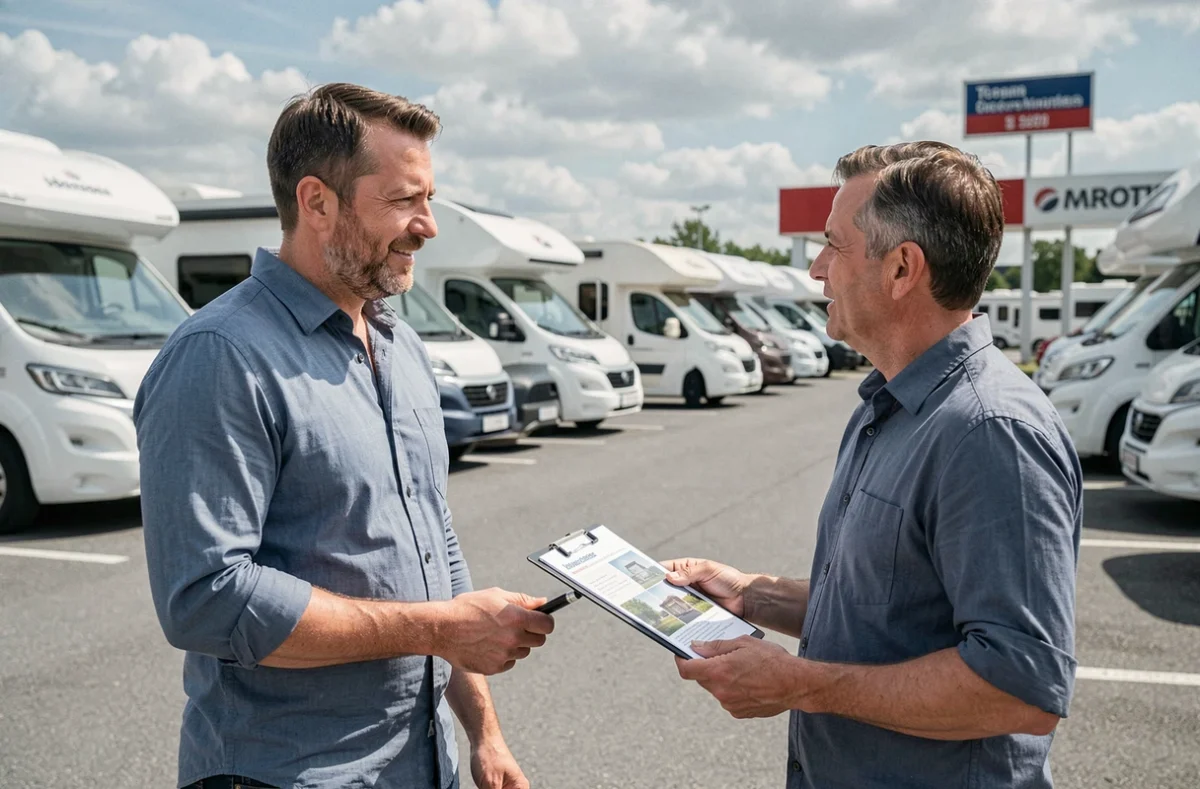 Homme discutant du coût d'une assurance camping-car avec un agent dans un parking de concessionnaire