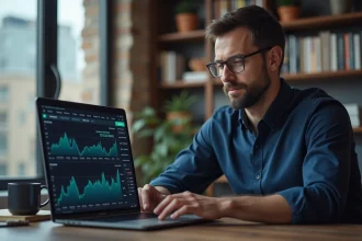 Homme analysant des ETF sur un ordinateur portable dans un bureau moderne pour investir via PEA Boursorama