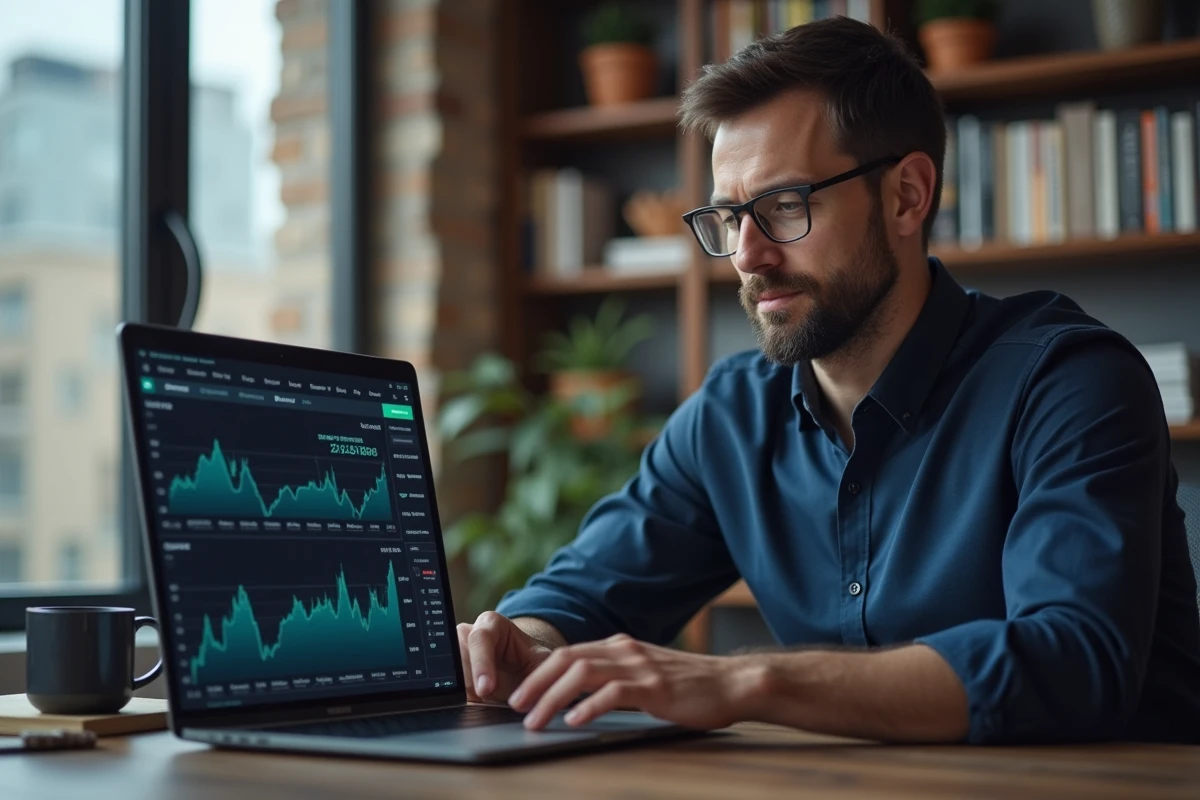 Homme analysant des ETF sur un ordinateur portable dans un bureau moderne pour investir via PEA Boursorama
