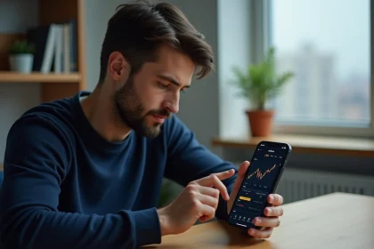 Homme analysant son application de rendement Bitcoin Bitstack sur smartphone dans un bureau à domicile