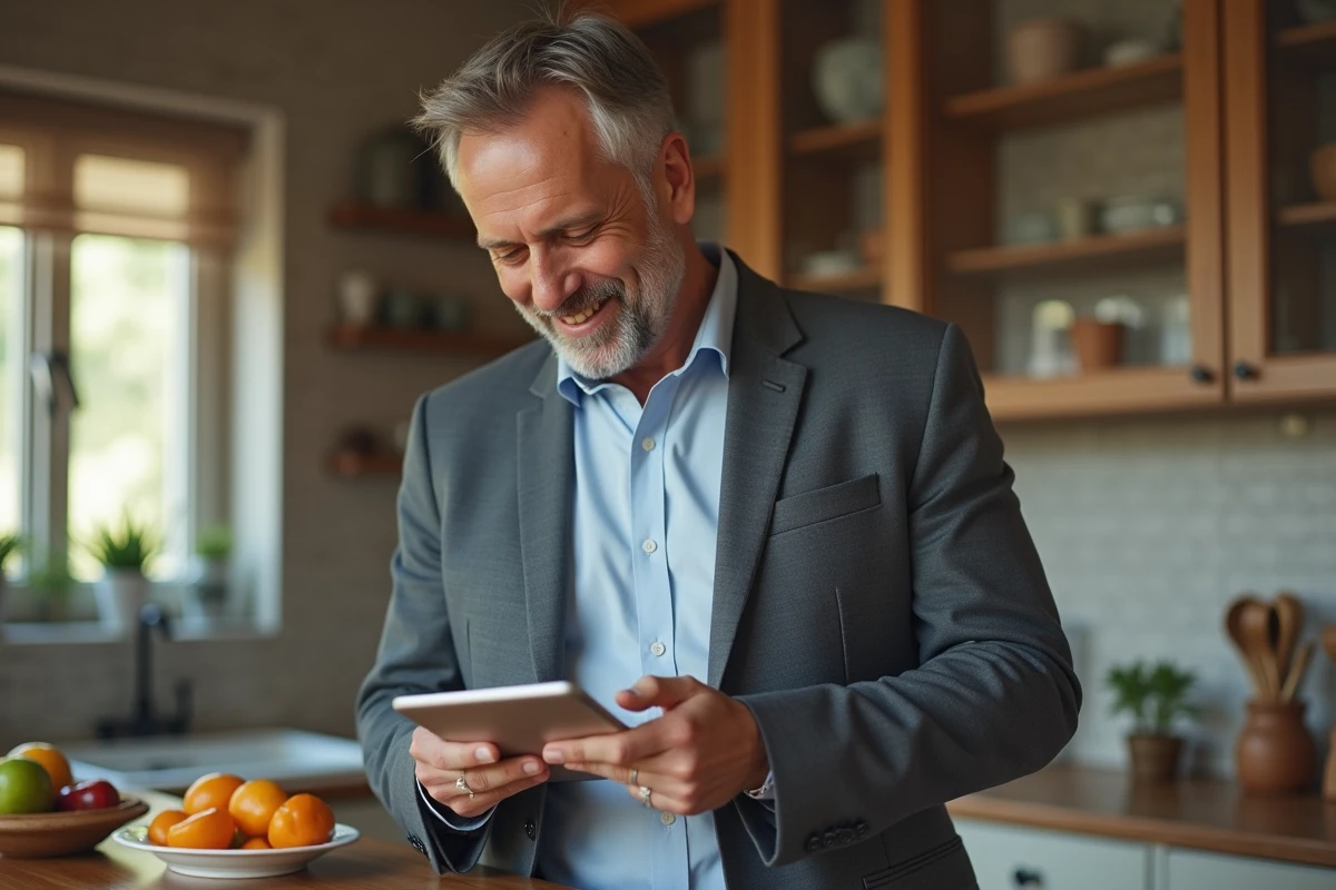 Homme vérifiant ses transactions sur une tablette en cuisine