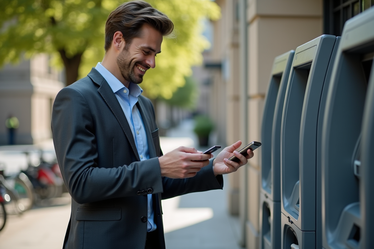 Jeune homme utilisant un distributeur automatique en ville