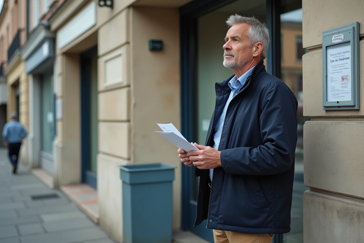 Homme dehors devant un bureau social en attente