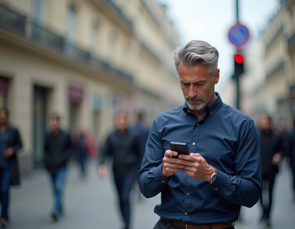 Homme d'affaires accédant à son espace client bancaire sur mobile dans une rue parisienne