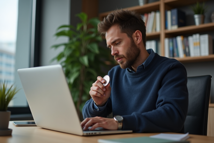 Homme en bureau moderne tenant une pièce Ripple