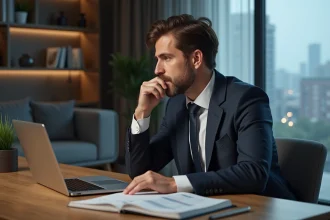Homme d affaires réfléchissant devant un ordinateur dans un bureau moderne