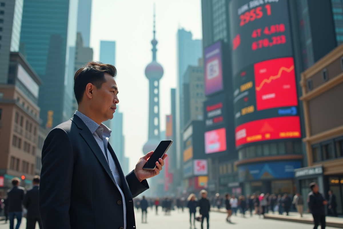 Homme chinois dans la rue près du quartier financier de Shanghai