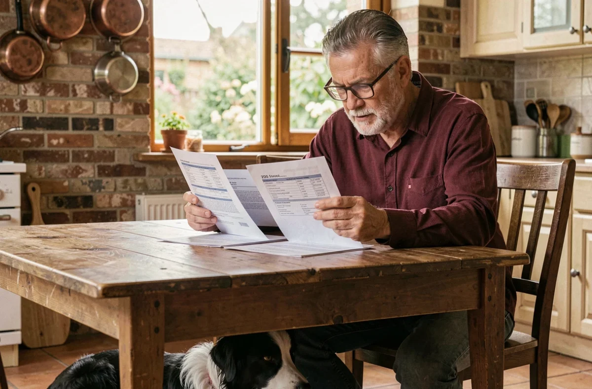 Homme comparant des contrats d'assurance chien sans carence à la table de sa cuisine avec son border collie