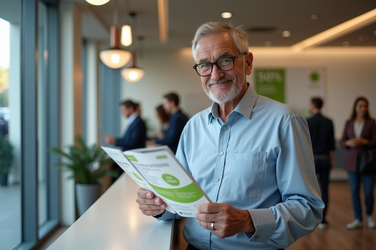 Homme âgé consulte brochures d