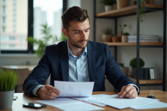 Jeune homme en costume noir examine documents de prêt voiture