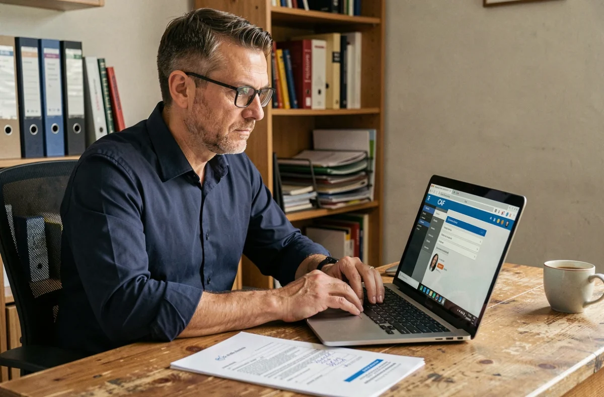 Homme effectuant sa déclaration de revenus en ligne sur le site de la CAF pour la prime d'activité