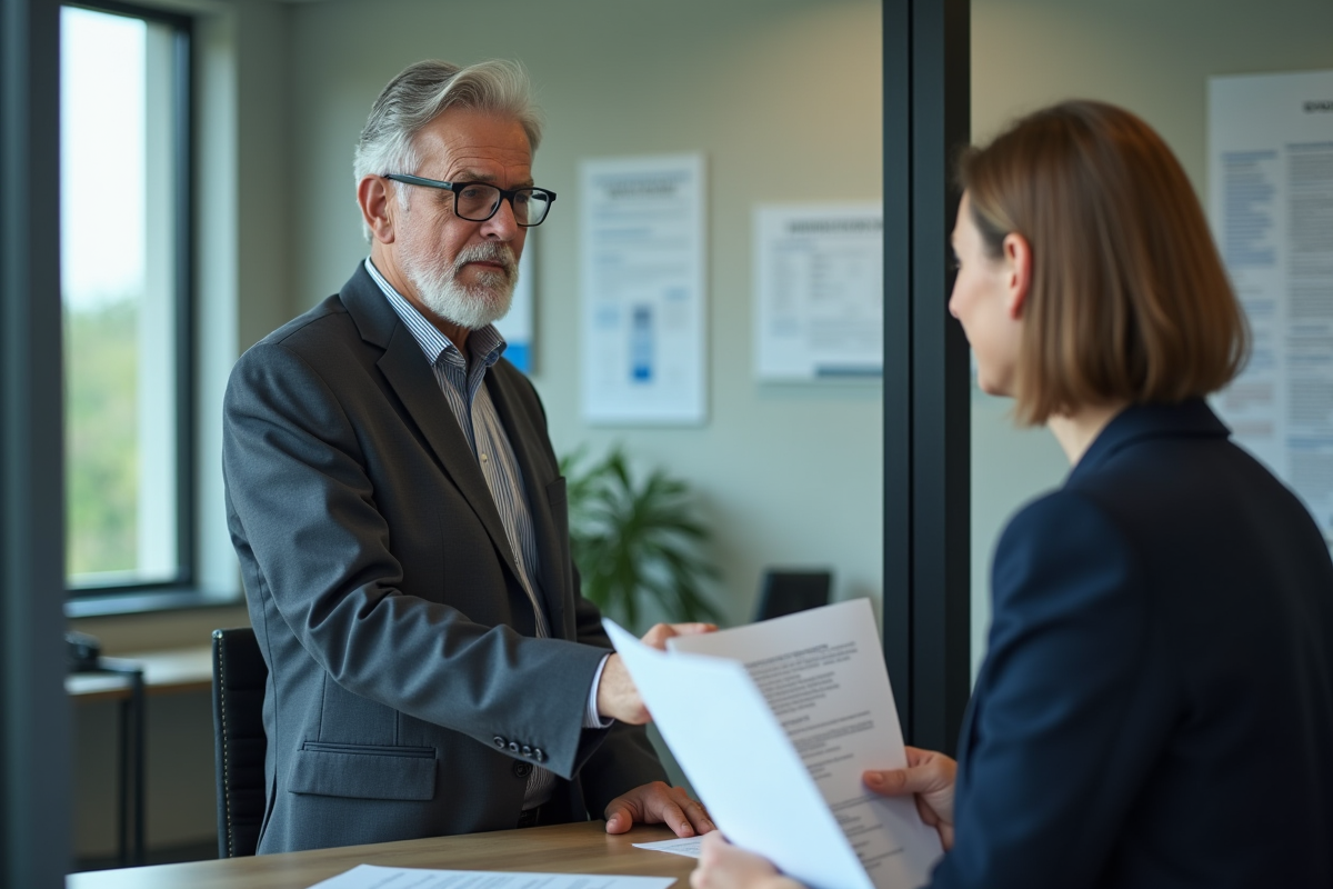 Homme discutant avec un agent de sécurité sociale en bureau moderne