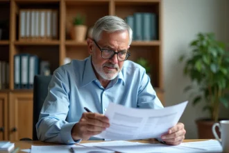 Homme d'une cinquantaine d'années consultant des documents fiscaux imprimés dans un bureau à domicile, simulateur d'impôt 2026