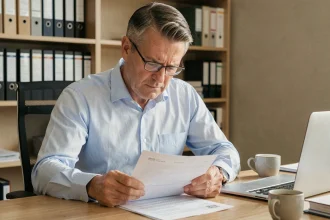 Un homme concentré examine des documents fiscaux dans un bureau administratif, illustrant les démarches fiscales au SGC Mérignac