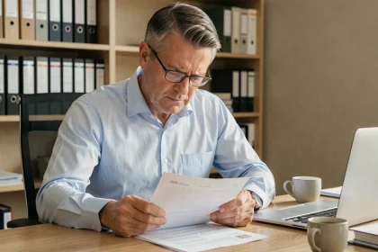 Un homme concentré examine des documents fiscaux dans un bureau administratif, illustrant les démarches fiscales au SGC Mérignac