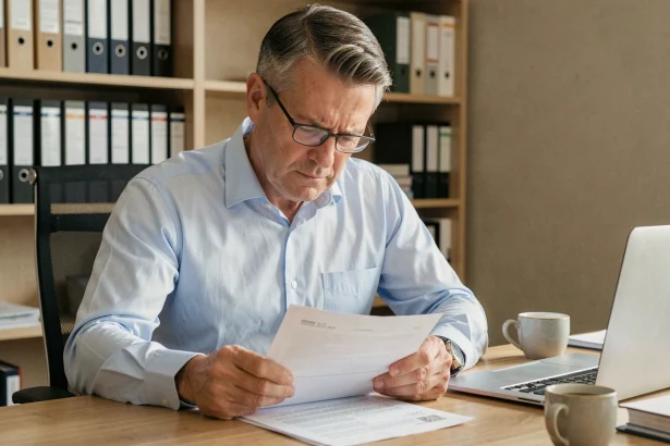 Un homme concentré examine des documents fiscaux dans un bureau administratif, illustrant les démarches fiscales au SGC Mérignac