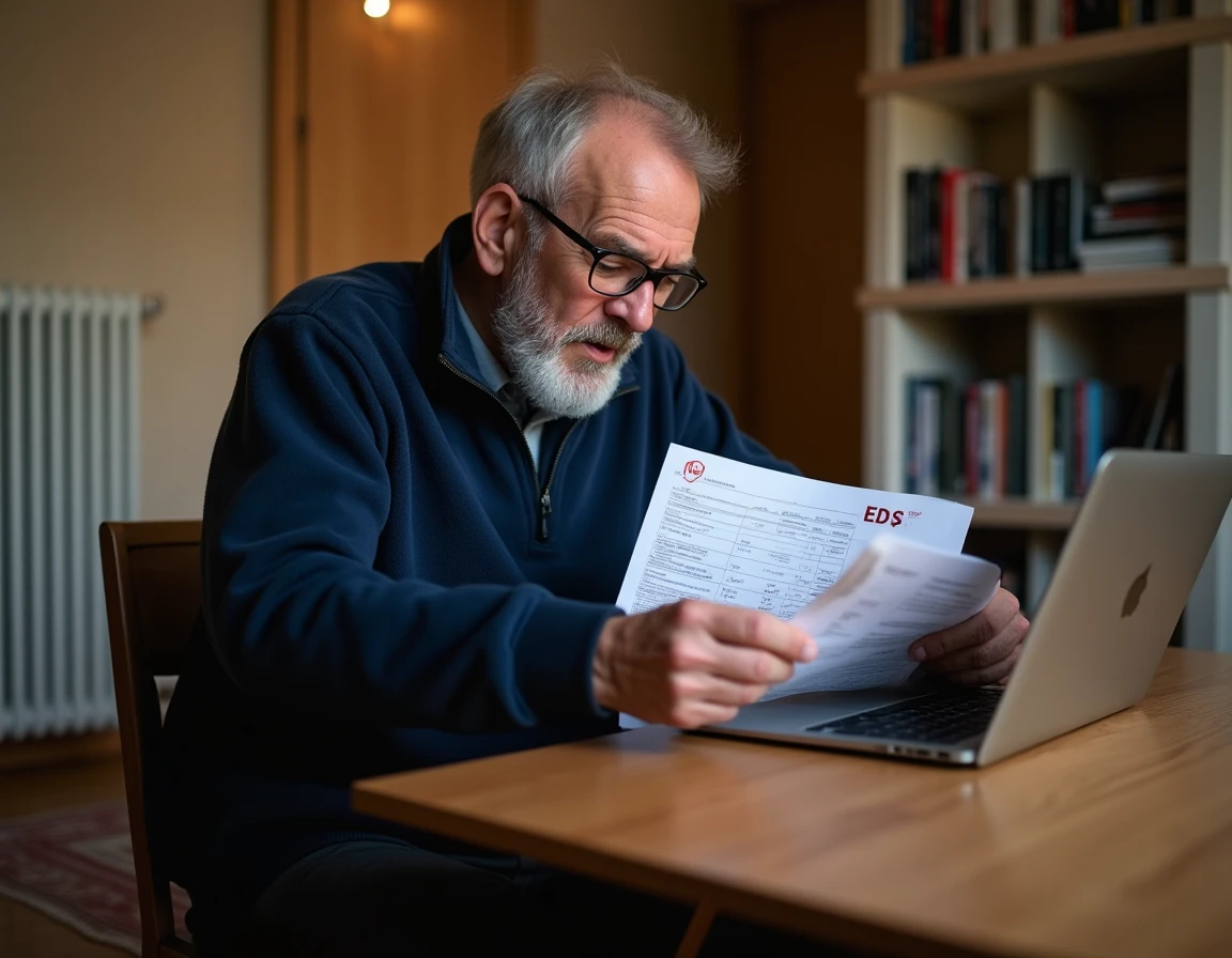 Homme analysant sa facture EDF et ses économies réalisées grâce aux nouveaux horaires heures creuses pour un chauffage électrique