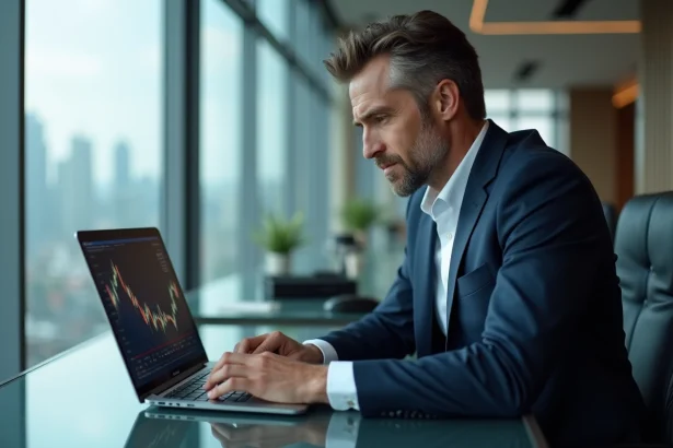 Homme d'affaires en costume regardant un tableau financier