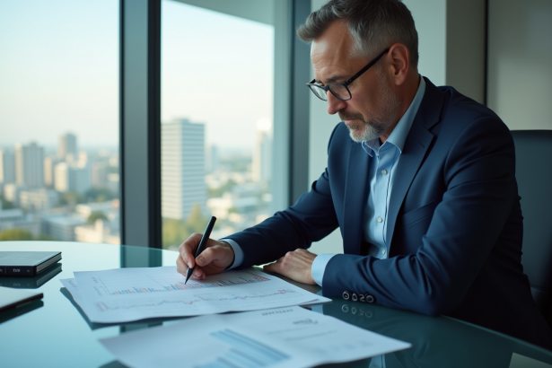 Homme d'affaires en costume bleu analysant des graphiques financiers